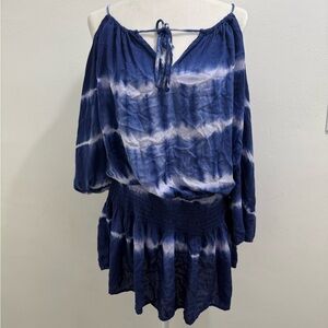 Elan Tie-Dye Navy Blue Off-Shoulder Cold Shoulder Dress Beach Cover Up EUC S/M
